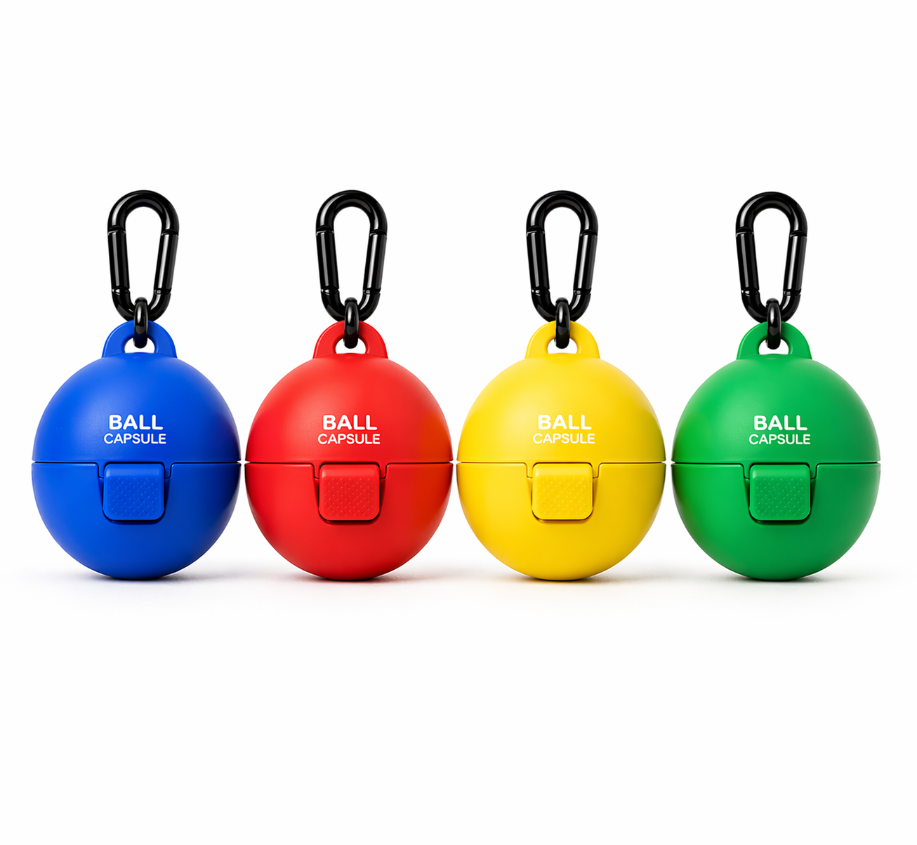 Ball Capsule available in four colors: blue, red, yellow, and green — sealed dog tennis ball holder with carabiner clip.