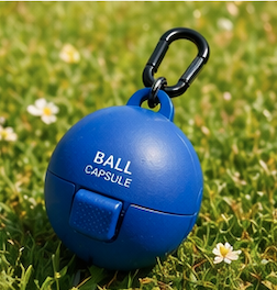 Ball Capsule dog tennis ball holder sitting on grass with carabiner clip ready for a walk.