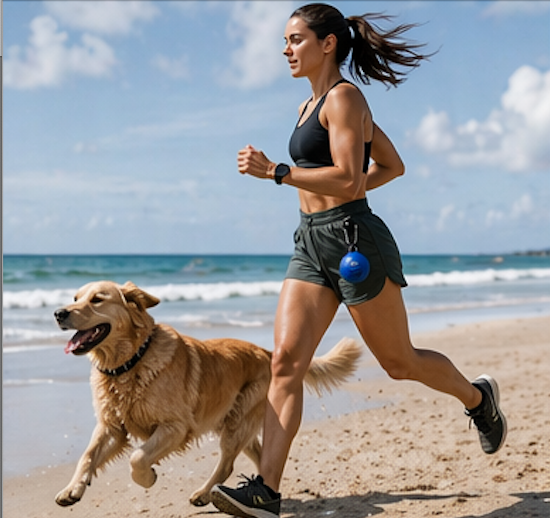 Woman running on beach with golden retriever, Ball Capsule clipped to shorts for hands-free dog walk.