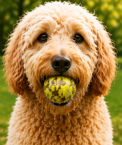 Goldendoodle holding a dirty, slobbery tennis ball — the everyday problem Ball Capsule was designed to solve.