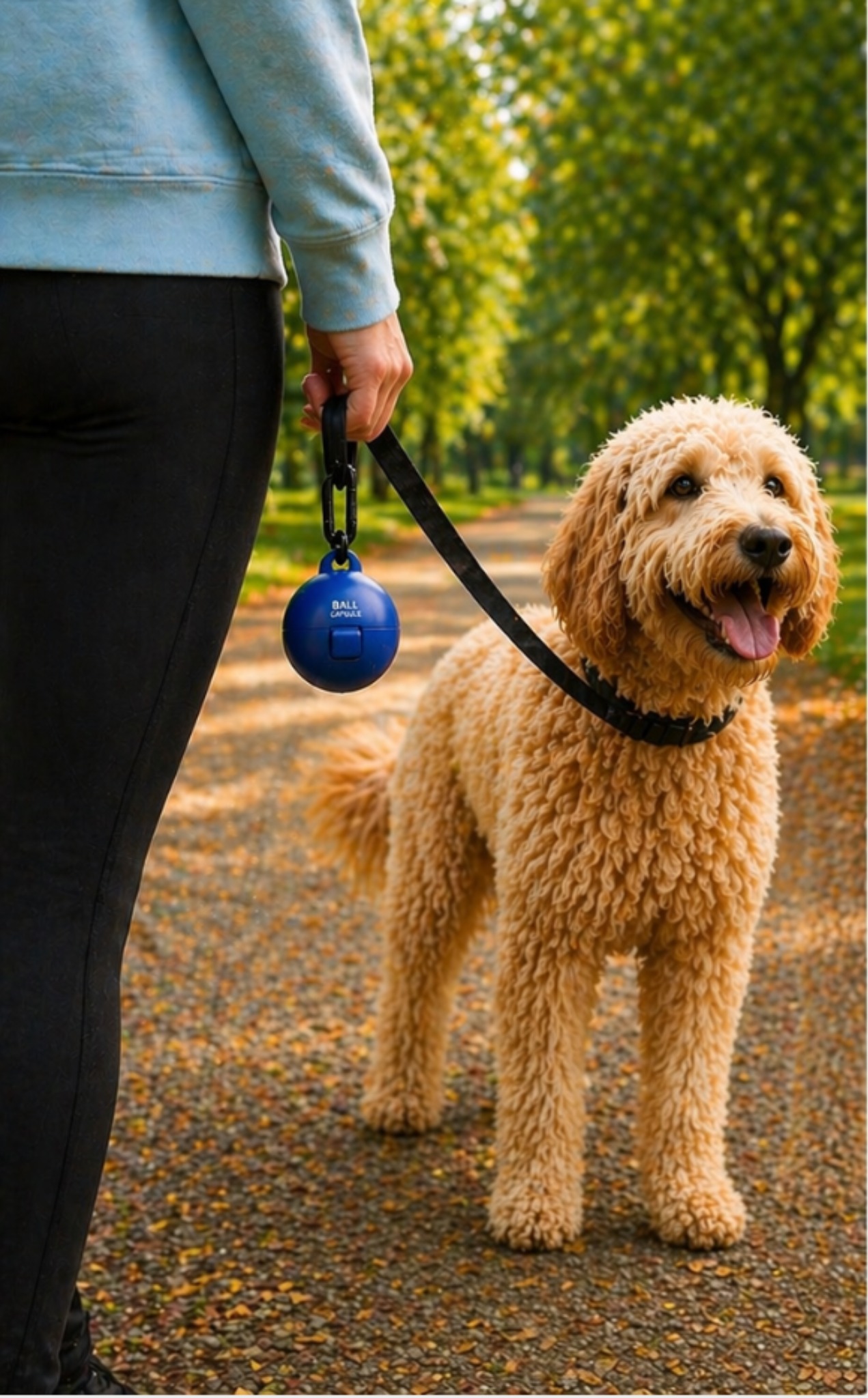 Dog walking on trail with Ball Capsule dog tennis ball holder clipped to leash handle.